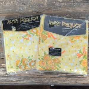 VTG Retro Pequot Twin Sheet Set New Yellow Orange Floral Percale Flat & Fitted